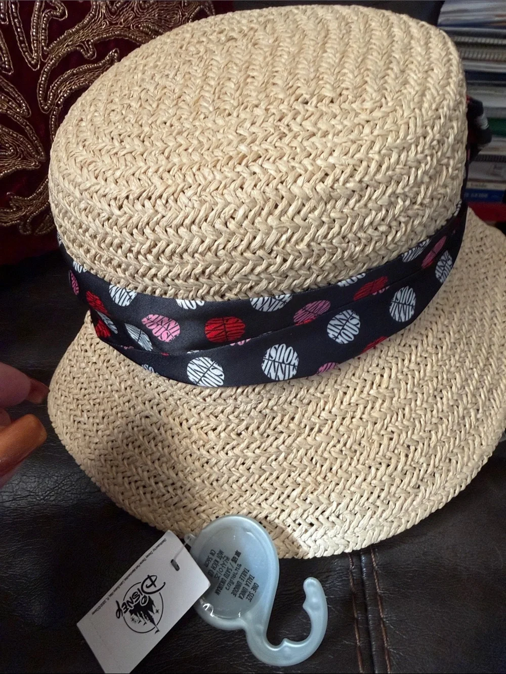 Disney Girls Black Bow Straw Sun Hat with Pink & Red Dot Accents